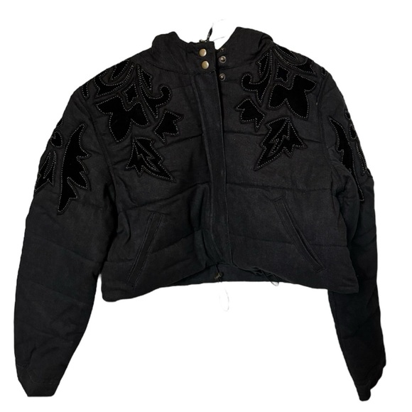 Free People Fleur de Lis Denim Cropped Puffer Jacket Size Medium - Picture 8 of 9